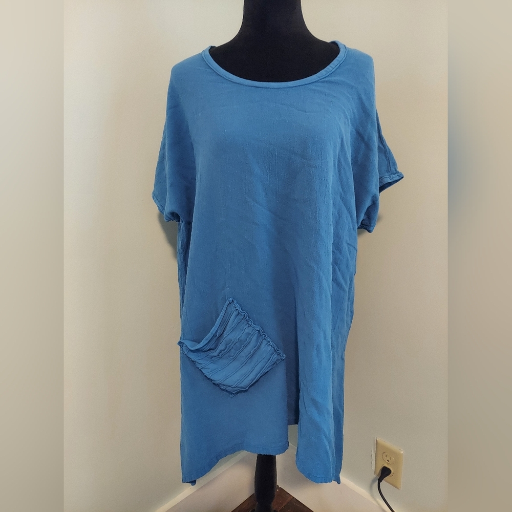 Oh My Gauze 3 Scoop Neck Lagenlook Asymmetrical Top Tunic Royal Blue Pocket XXL